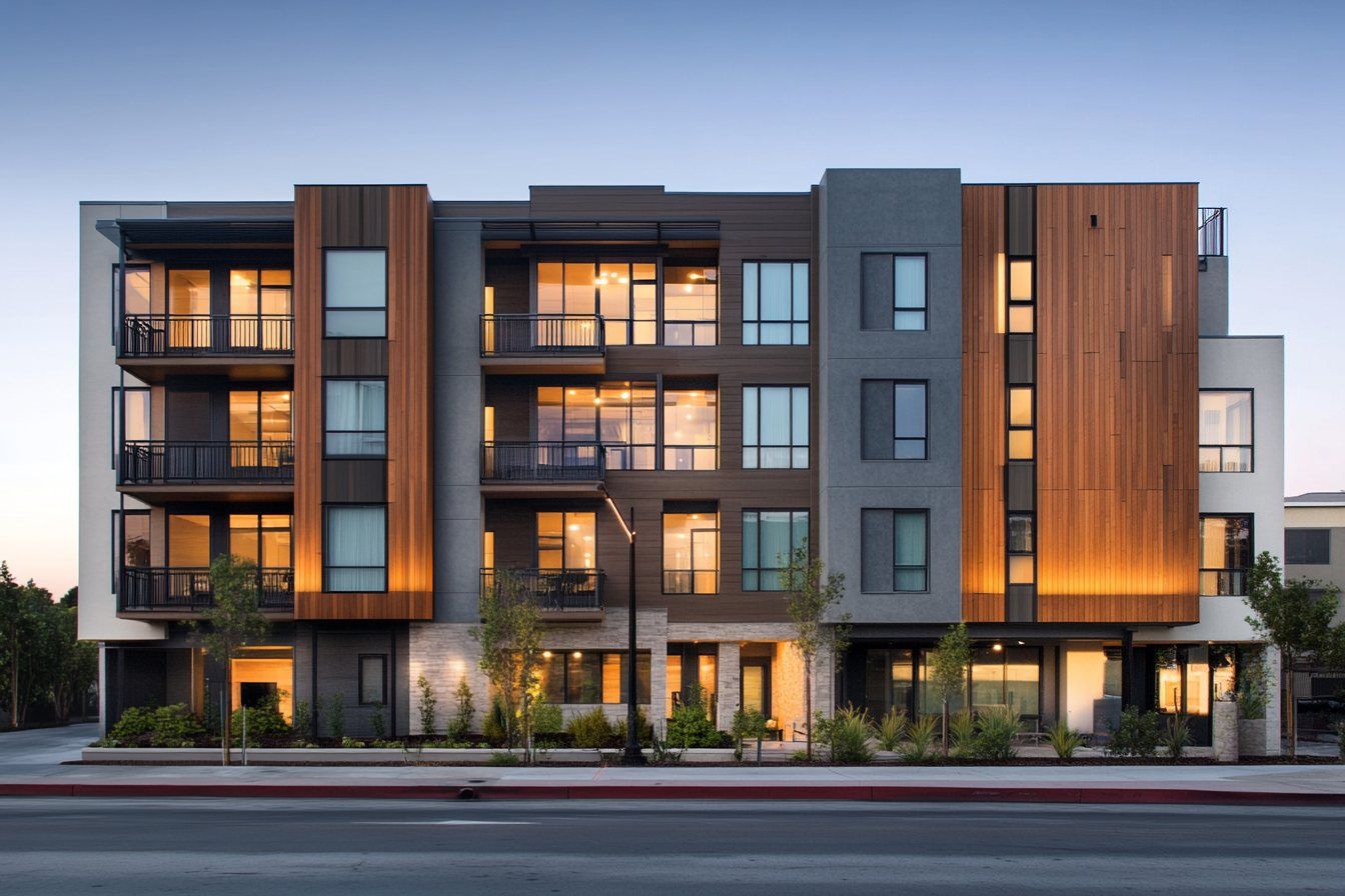 Modern apartment building with wood and stone facade at dusk